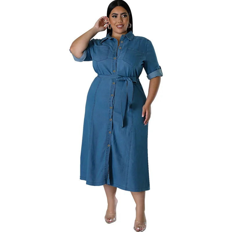 Street Trend Plus-size Women Denim Blouse Dress.New Spring and Summer Fashion Lapel Long-sleeved Single-breasted Dress with Belt by http:// Lolyshop.shop