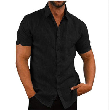 Summer Lapels Solid Color Short Sleeve Button Linen Shirt Men's Clothing by http://Lolyshop.shop