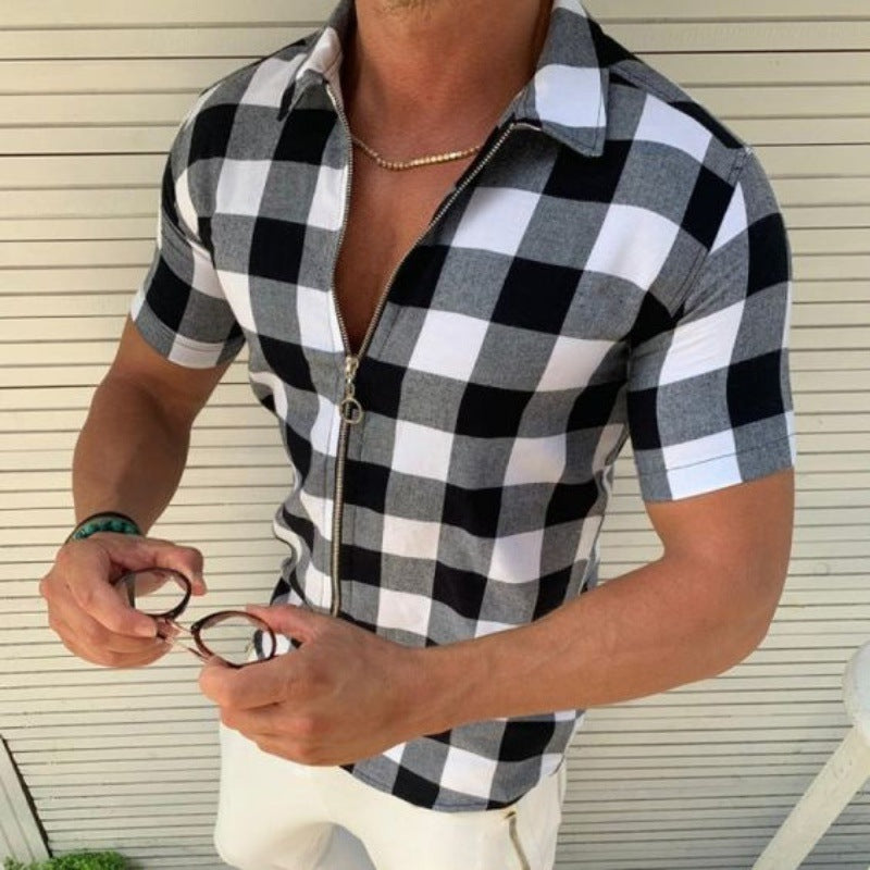 Plaid T Shirt Mens Zipper Short Sleeve Shirts Summer Men Clothing by http://Lolyshop.shop