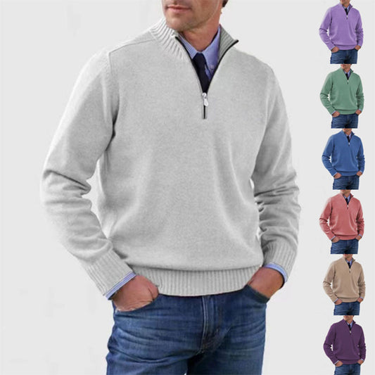 Men's Stand Collar Zipper Sweater Winter Fashion Solid Color Long Sleeve Knitted Top Clothing by http://Loyshop.shop
