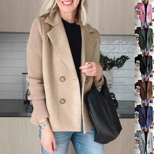 Double Breasted Lapel Jacket Fashion Knitted Sleeves Splicing Design Coat Outerwear Women's Clothing - Http:// Lolyshop.shop