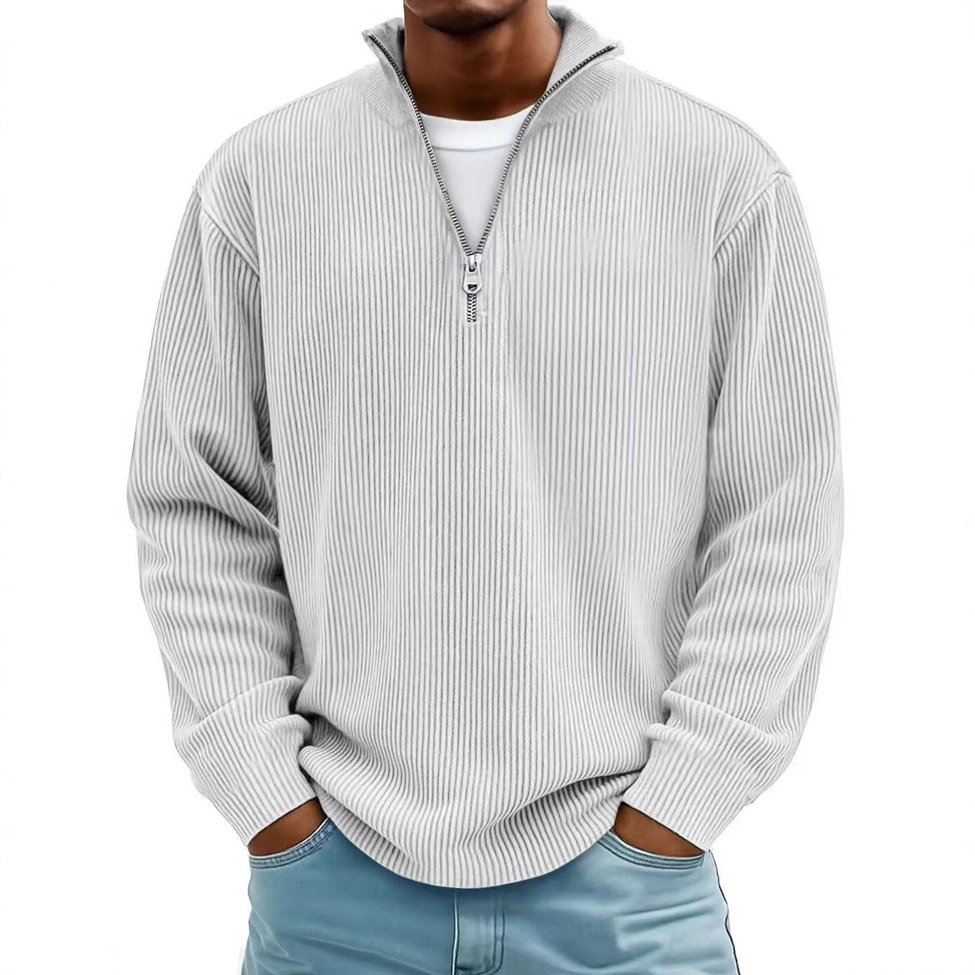 Corduroy Zipper Stand Collar Sweatshirt Fashion Warm Solid Color Long Sleeve Top Men's Casual Polo Shirt Clothing - Http:// Lolyshop.shop