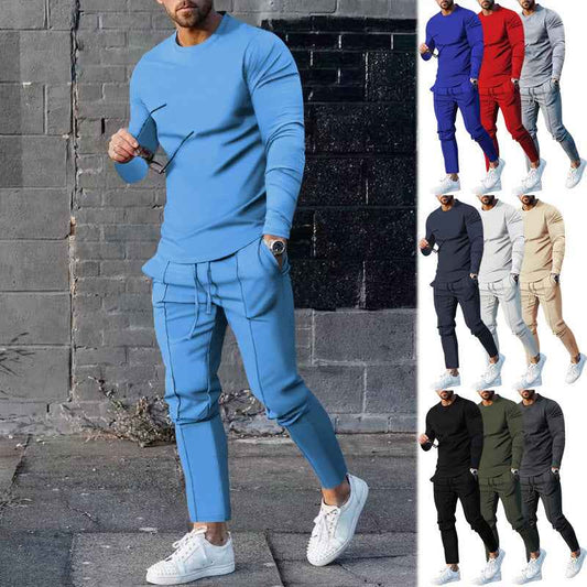 Men's Long-sleeved Suit Slim Crew Neck Pullover T-shirt And Pockets Drawstring Pencil Pants Casual Trousers Set Clothing