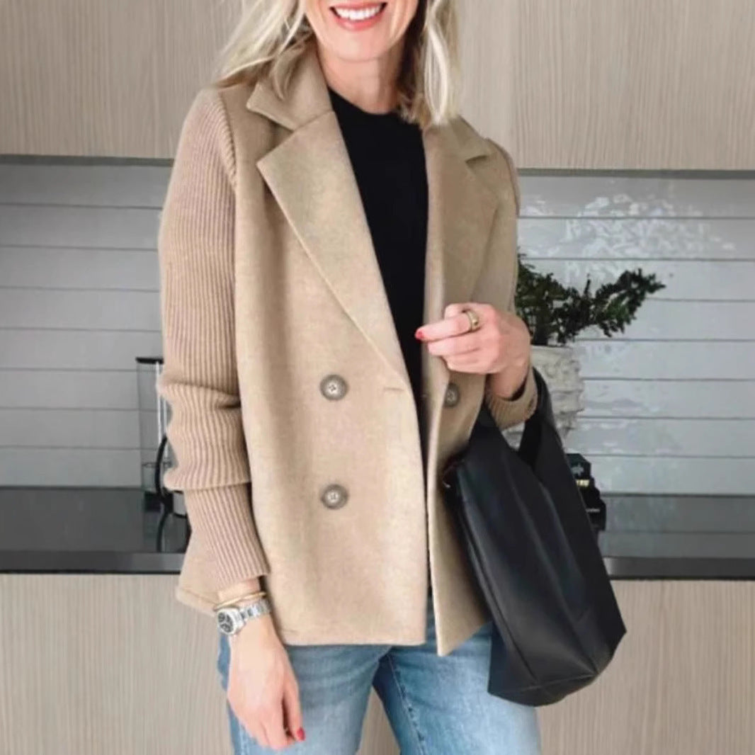 Double Breasted Lapel Jacket Fashion Knitted Sleeves Splicing Design Coat Outerwear Women's Clothing - Http:// Lolyshop.shop