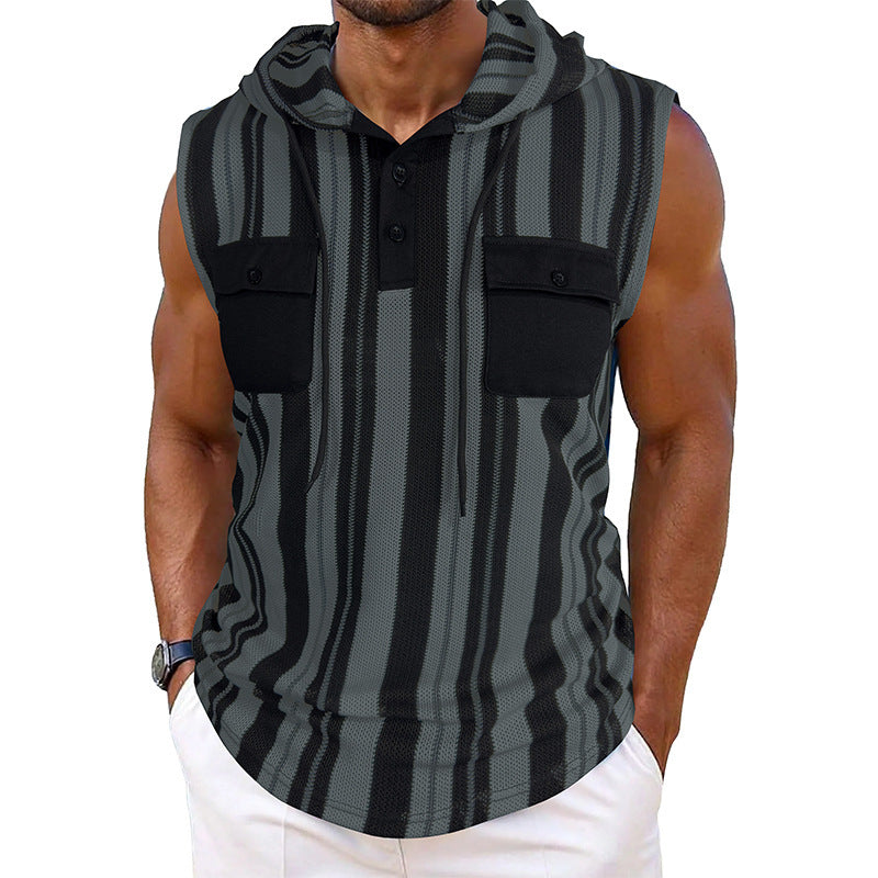 Men's Striped Sleeveless Hooded Vest Pocket by http://Loyshop.shop
