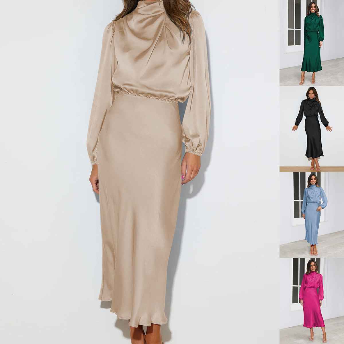 Elegant Temperament Long-sleeved Dress Satin Halterneck Formal Evening Dresses Women Clothing