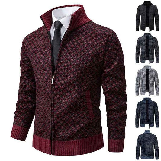 Thickened Plaid Print Jacket Cardigan Fashion Slim Fit Zipper Stand Collar Sweater Winter Men's Casual Long Sleeve Knitted Top Clothing
