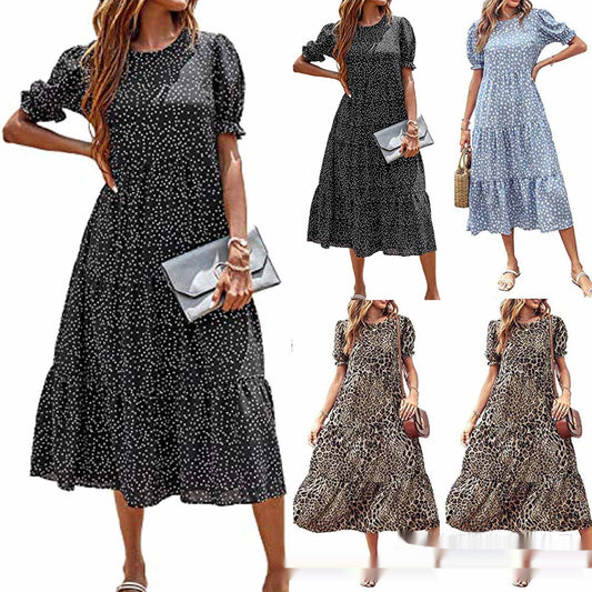 Printed Solid Color Round Neck Short Sleeves Casual Pleated Swing Dress Women