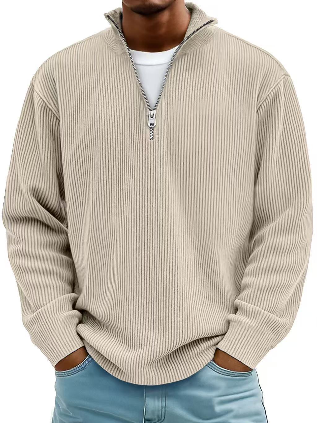 Corduroy Zipper Stand Collar Sweatshirt Fashion Warm Solid Color Long Sleeve Top Men's Casual Polo Shirt Clothing - Http:// Lolyshop.shop