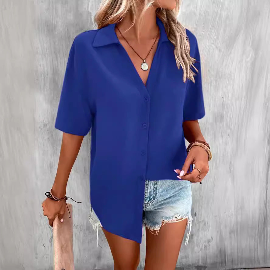 Temperament Pure Color V-neck Shirt Women's Top Short Sleeve by http://Lolyshop.shop