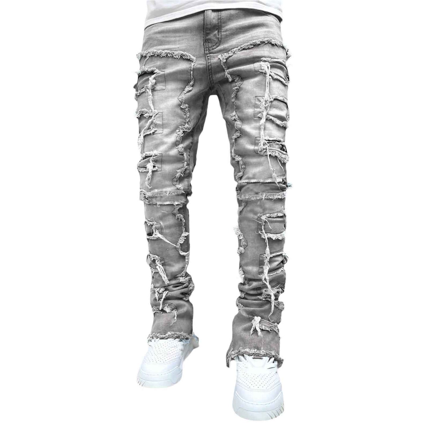 Ins Fringes Ripped Trousers Individual Patched Pants Long Tight Fit Stacked Jeans For Mens Clothing
