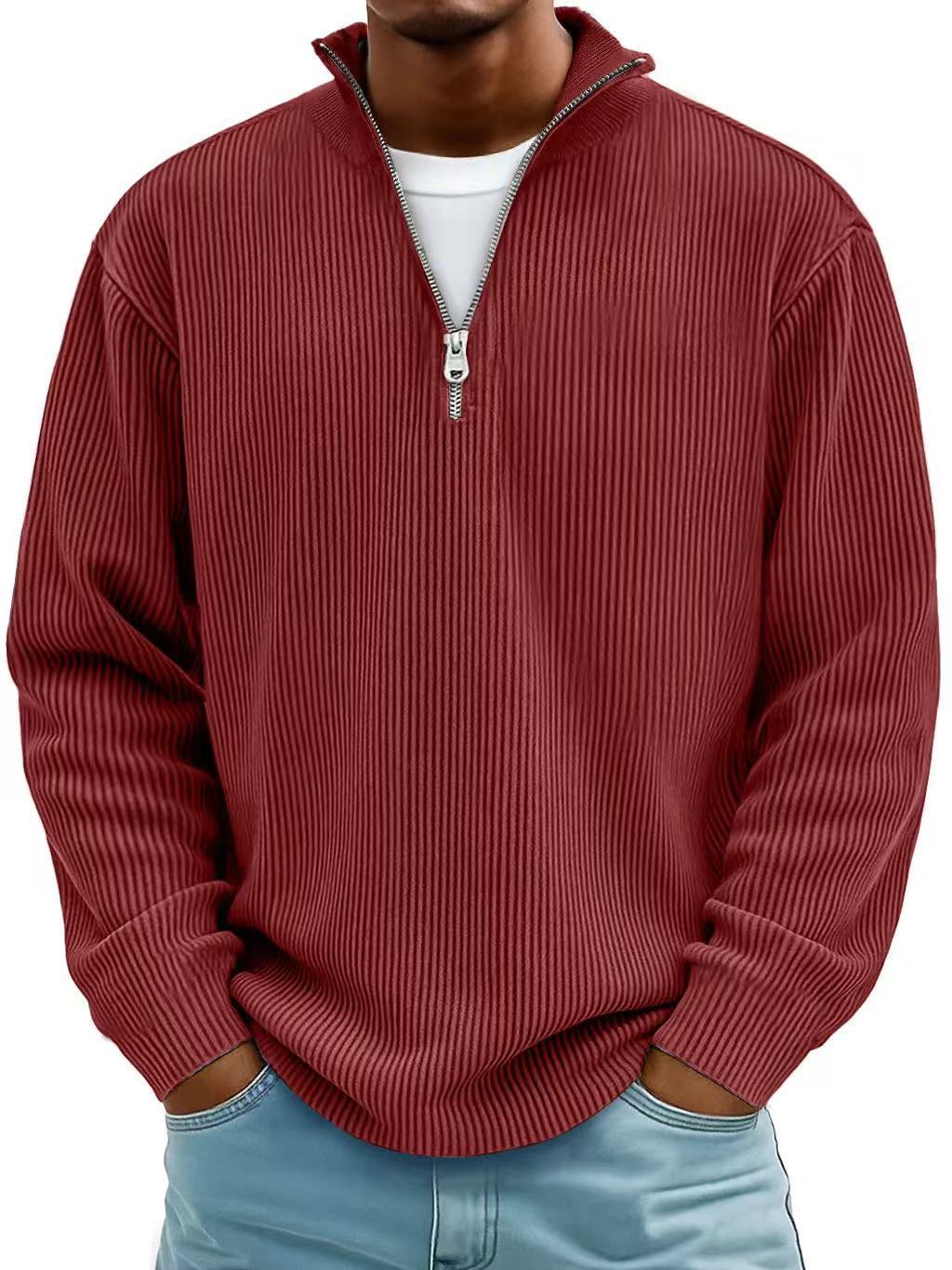 Corduroy Zipper Stand Collar Sweatshirt Fashion Warm Solid Color Long Sleeve Top Men's Casual Polo Shirt Clothing - Http:// Lolyshop.shop