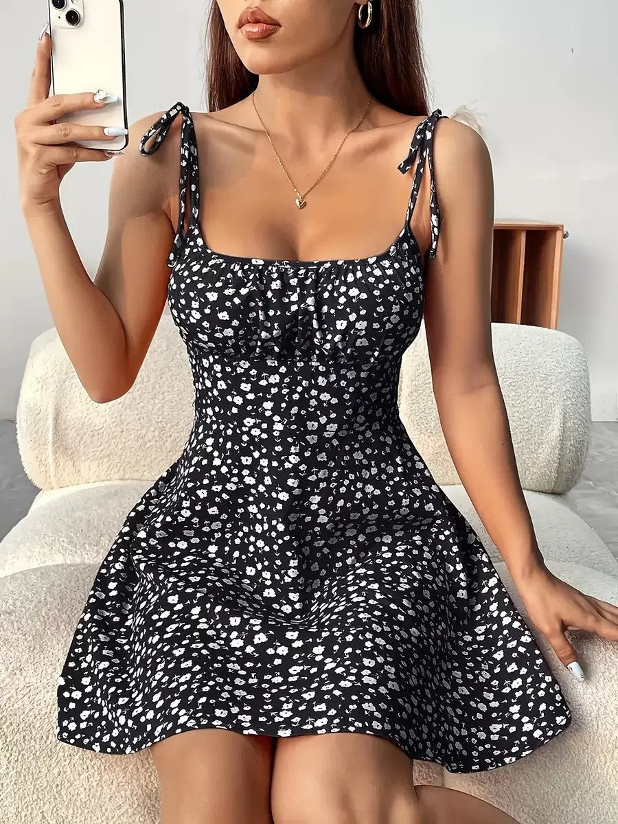 Floral Print Dress Summer Sweet A- Line Waist Trimming Dresses Women's Slimming Casual Clothing Cjdropshipping