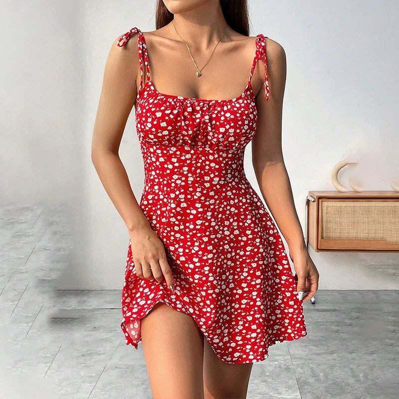 Floral Print Dress Summer Sweet A- Line Waist Trimming Dresses Women's Slimming Casual Clothing Cjdropshipping