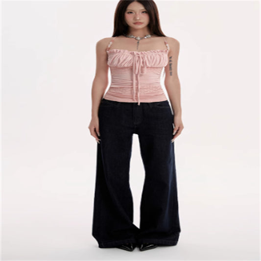 Women's Pink Beaded Shoulder Strap Camisole