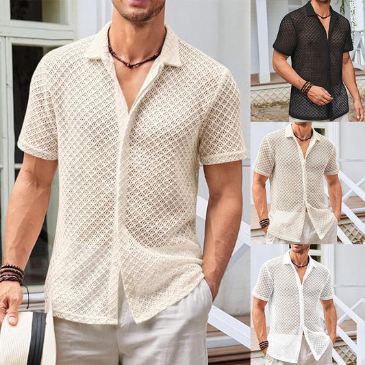 Summer Mesh Short Sleeve Shirt Fashion Solid Color Lapel Shirt Tops Beach Men Clothing by http://Lolyshop.shop