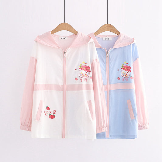 College Style New Strawberry Bottle Print Hooded Jacket Sunscreen Shirt Wearing Clothes Tide by http://Lolyshop.shop