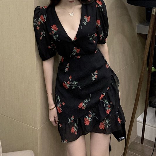 French Ruffled Floral Dress Women