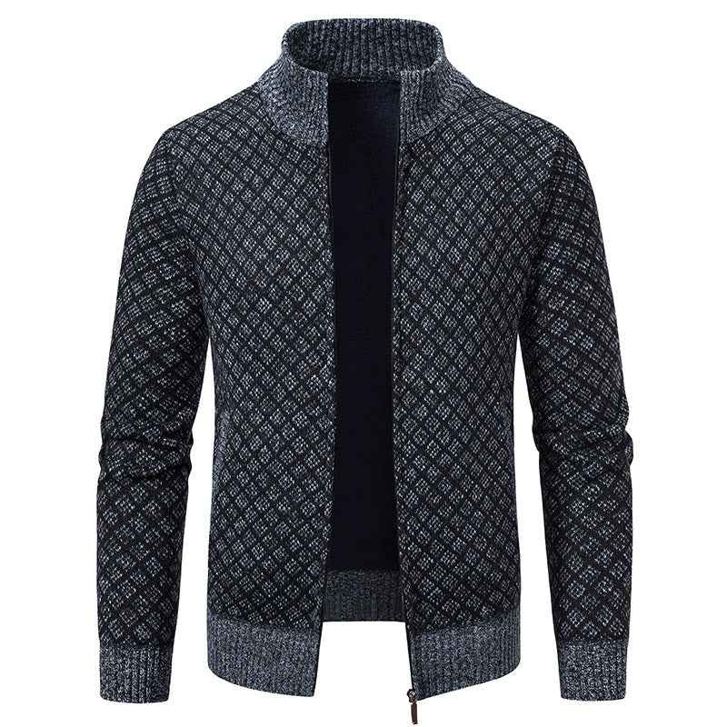 Thickened Plaid Print Jacket Cardigan Fashion Slim Fit Zipper Stand Collar Sweater Winter Men's Casual Long Sleeve Knitted Top Clothing