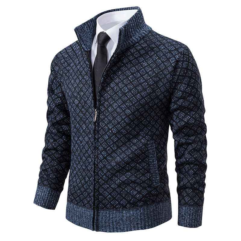 Thickened Plaid Print Jacket Cardigan Fashion Slim Fit Zipper Stand Collar Sweater Winter Men's Casual Long Sleeve Knitted Top Clothing