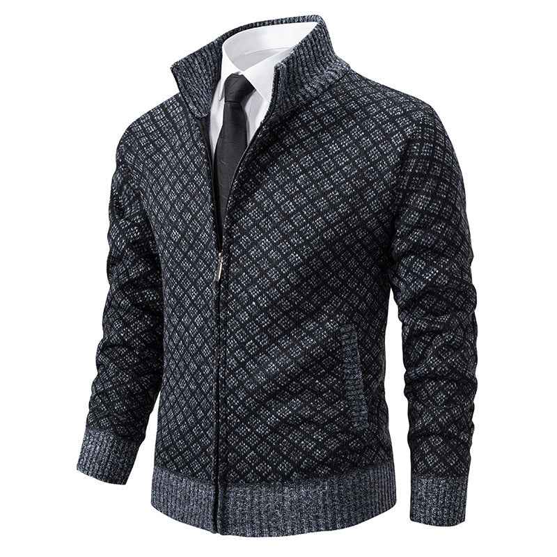 Thickened Plaid Print Jacket Cardigan Fashion Slim Fit Zipper Stand Collar Sweater Winter Men's Casual Long Sleeve Knitted Top Clothing