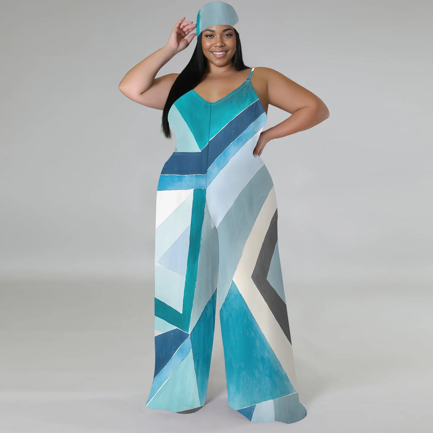 Plus Size Geometric Stripe Jumpsuit with Matching Head Wrap Wide Leg Sleeveless Outfit