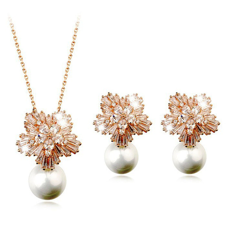 Korean temperament luxury high-grade pearl necklace earrings set with zircon jewelry micro all-match fashion bride by http://Lolyshop.shop