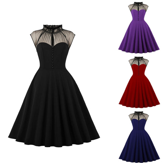 Women's Mesh Stitching Flying Sleeves Elegance Retro Dress