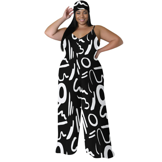 Plus Size Printed Jumpsuit - Strapless Wide Leg Romper with Scarf, Boho Palazzo Pants for Women