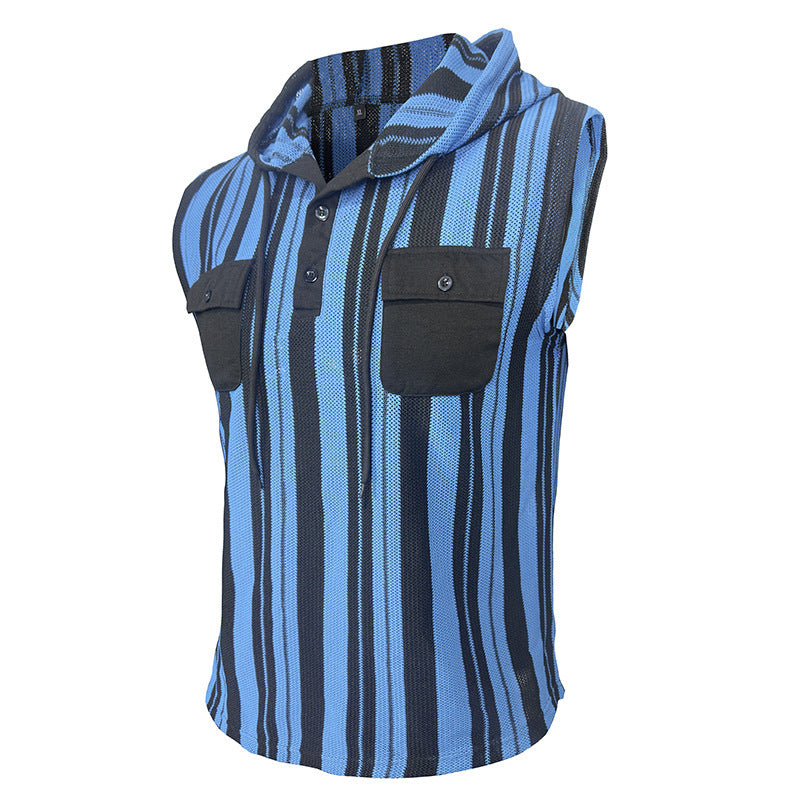 Men's Striped Sleeveless Hooded Vest Pocket by http://Loyshop.shop
