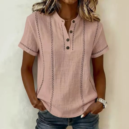 Summer Striped Short-Sleeve Shirts Casual Stand-Collar V-neck Button Blouse Womens Clothing https://Lolyshop.shop