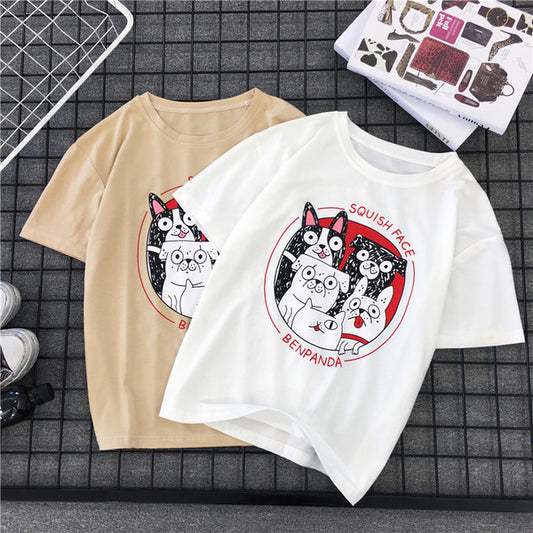 Japanese T-shirt, Chao Brand, Short-sleeved Men and Women\'s Retro Lovers\'T-shirt, Dog Printed Summer Class Clothes