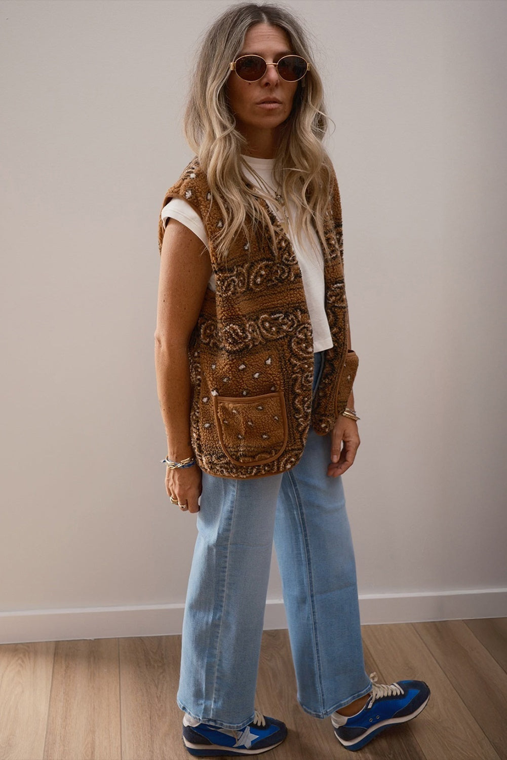Beige Lambswool Paisley Printed Pocket Western Fashion Camisole Jacket