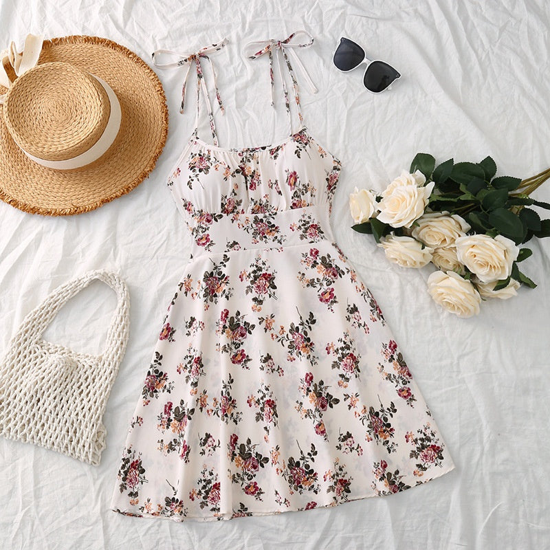 Floral Print Dress Summer Sweet A- Line Waist Trimming Dresses Women's Slimming Casual Clothing Cjdropshipping