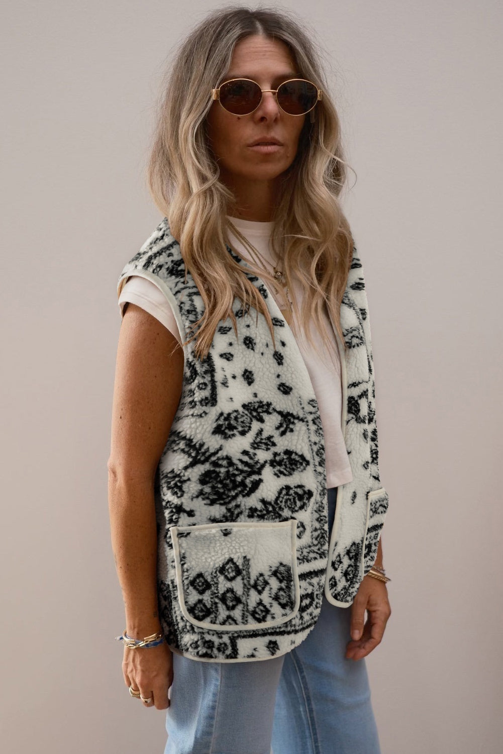 Beige Lambswool Paisley Printed Pocket Western Fashion Camisole Jacket