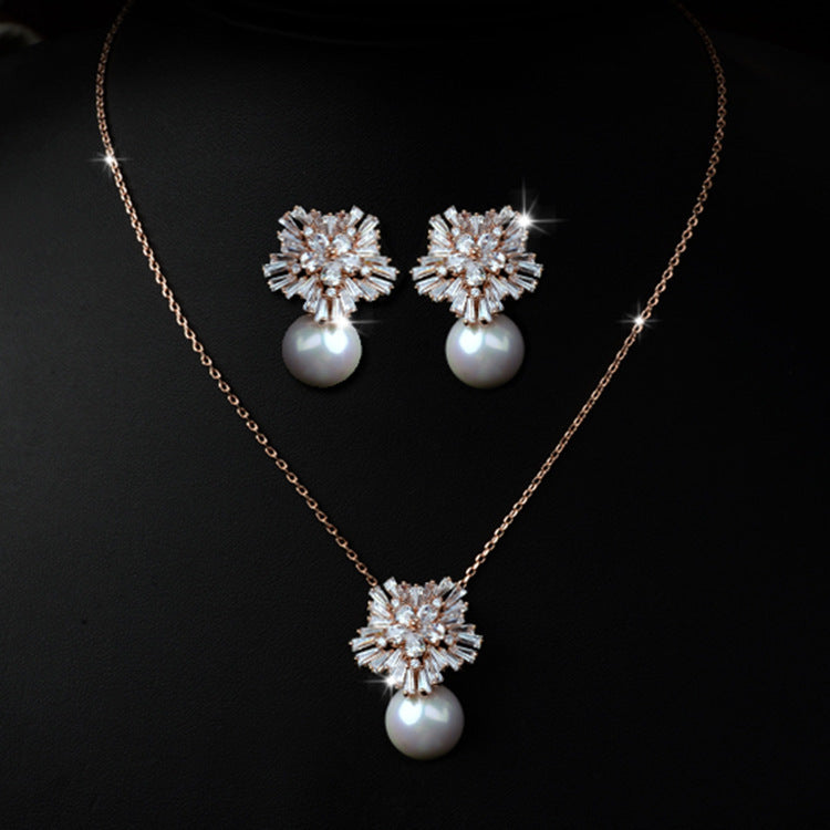 Korean temperament luxury high-grade pearl necklace earrings set with zircon jewelry micro all-match fashion bride by http://Lolyshop.shop
