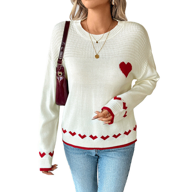 Women's Heart-shaped Jacquard Long-sleeved Pullover by http://Loyshop.shop