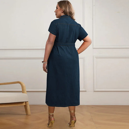 Women's Plus-size Denim Short-sleeved Dress, New Spring and Summer Fresh Sweet Style Lapel Anterior Thoracotomy Dress with Belt