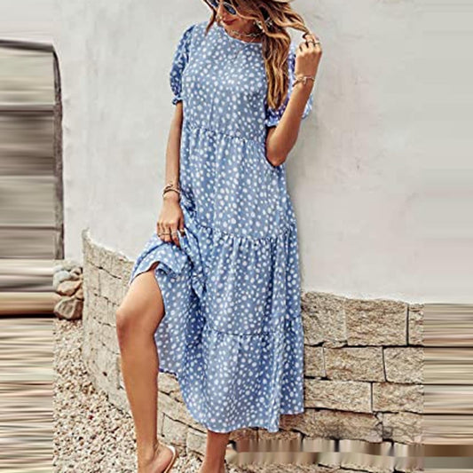 Printed Solid Color Round Neck Short Sleeves Casual Pleated Swing Dress Women