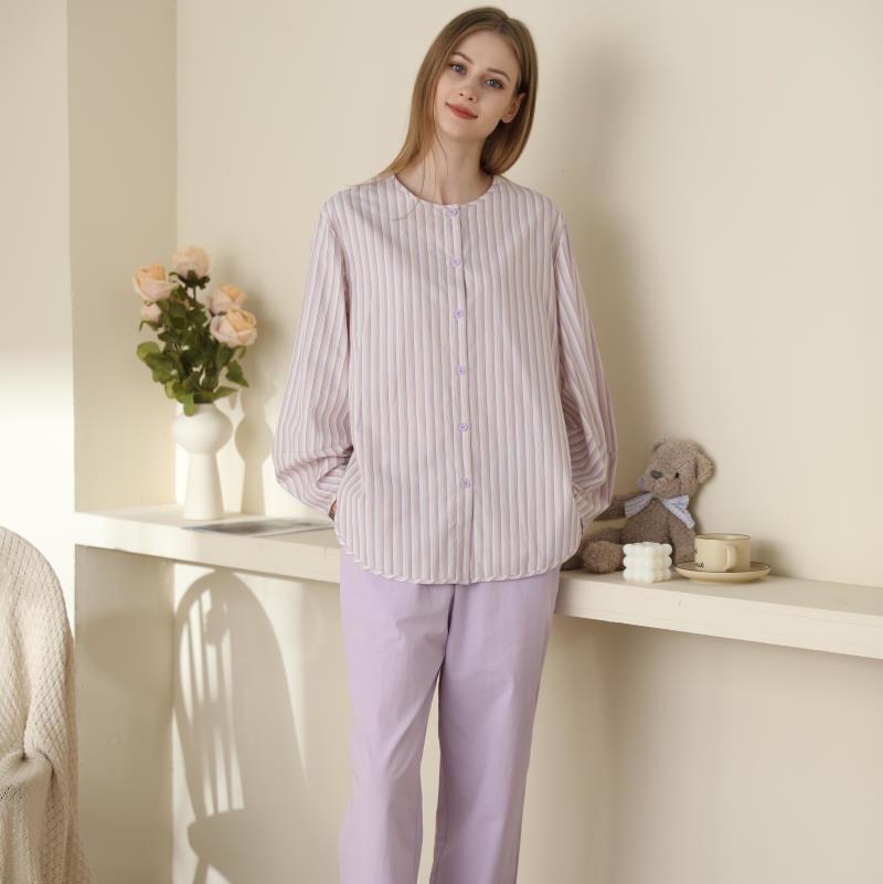 Pyjamas Female Korean Version Stripes Solid Color Simple Wind Comfortable Long Sleeve Set Cotton Home Wear Can Be Worn by http://Lolyshop.shop