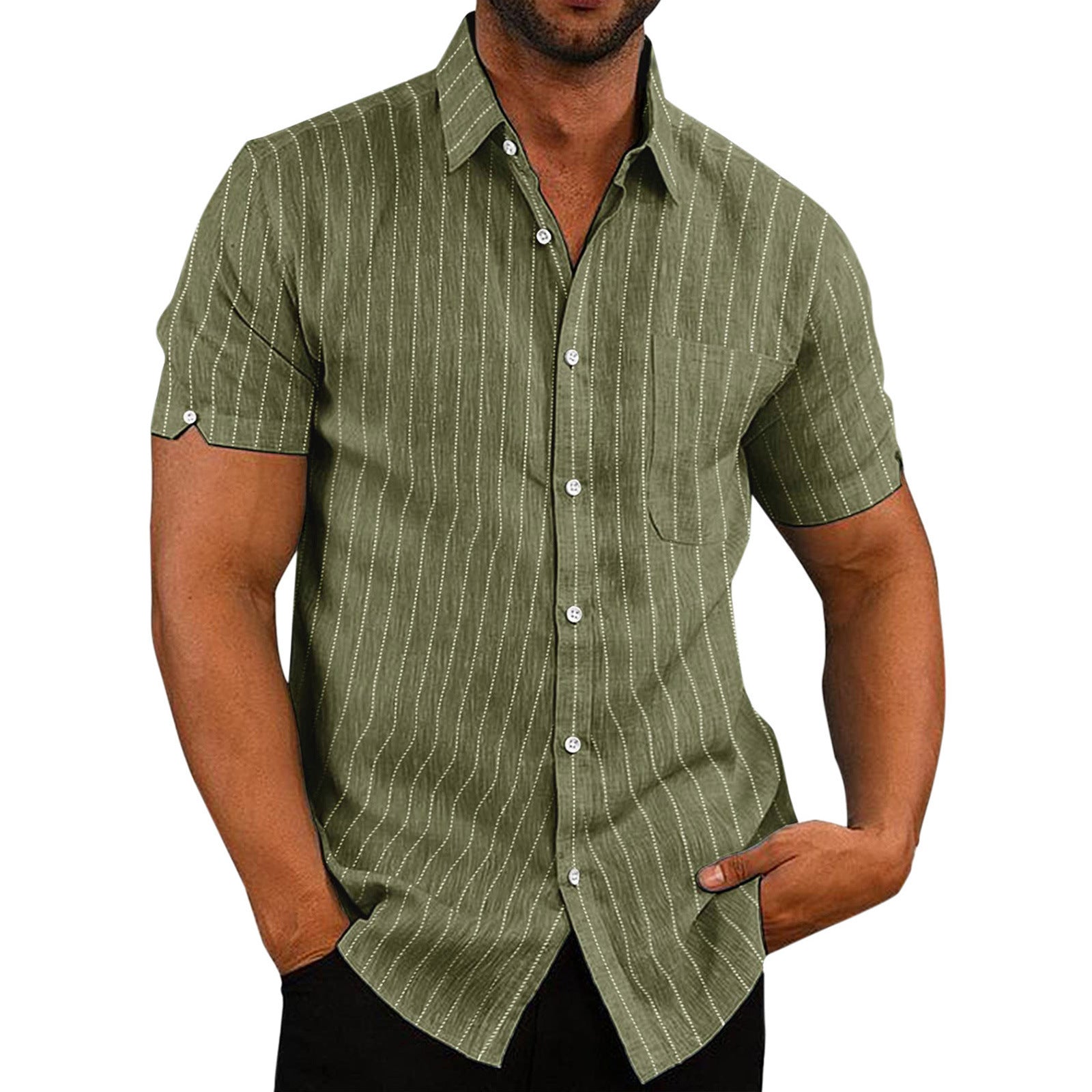Summer Lapels Short Sleeve Solid Color Buttons Men's Striped Shirt Men's Clothing by http://Lolyshop.shop