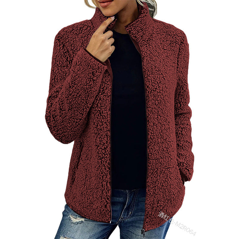 Fall Winter Warm Sweatshirt Stand Collar Solid Color Top Sweater Women's Casual Fashion Long Sleeve Zipper Bubble Velvet Coat Tops - Http:// Lolyshop.shop
