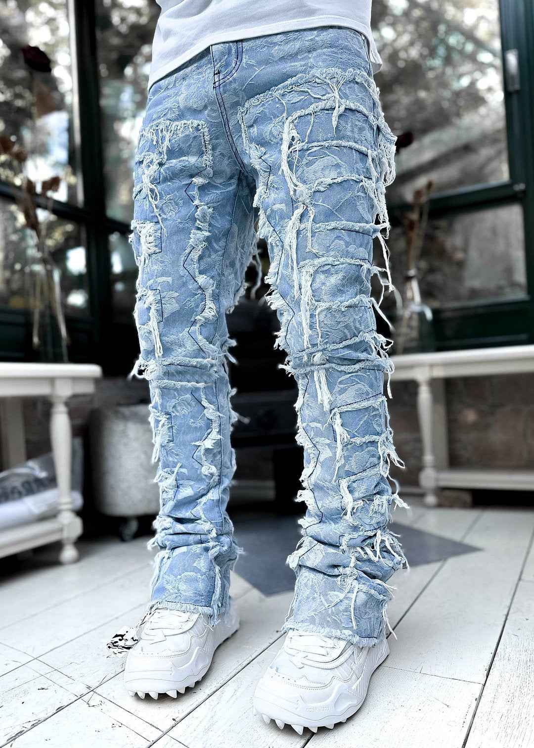 Ins Fringes Ripped Trousers Individual Patched Pants Long Tight Fit Stacked Jeans For Mens Clothing