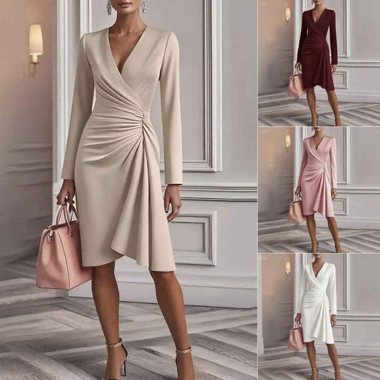 V Neck Folds  Solid Color Slim-fit Long Sleeve V-pleated Design Dress  Women's Office Commuter A-line Midi Party Dresses Female Clothing