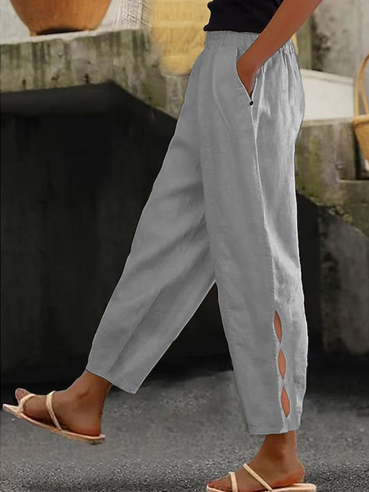 Hollow-Out Ankle Detail Trousers - Button-Adorned Bottom Hem Pants For Women Summer Daily Wear https://Lolyshop.shop
