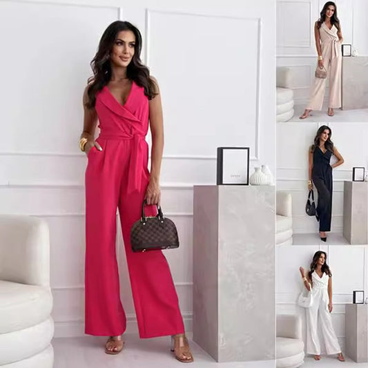 V-neck Sleeveless Jumpsuit With Belt Design Summer Fashion Trousers Women's Clothing https://Lolyshop.shop