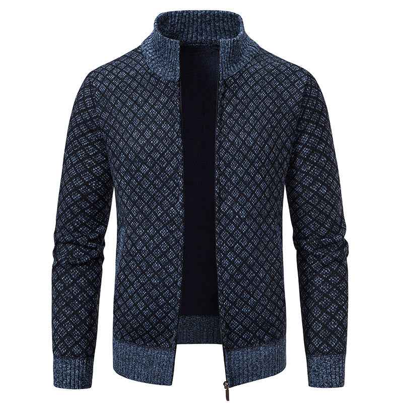 Thickened Plaid Print Jacket Cardigan Fashion Slim Fit Zipper Stand Collar Sweater Winter Men's Casual Long Sleeve Knitted Top Clothing