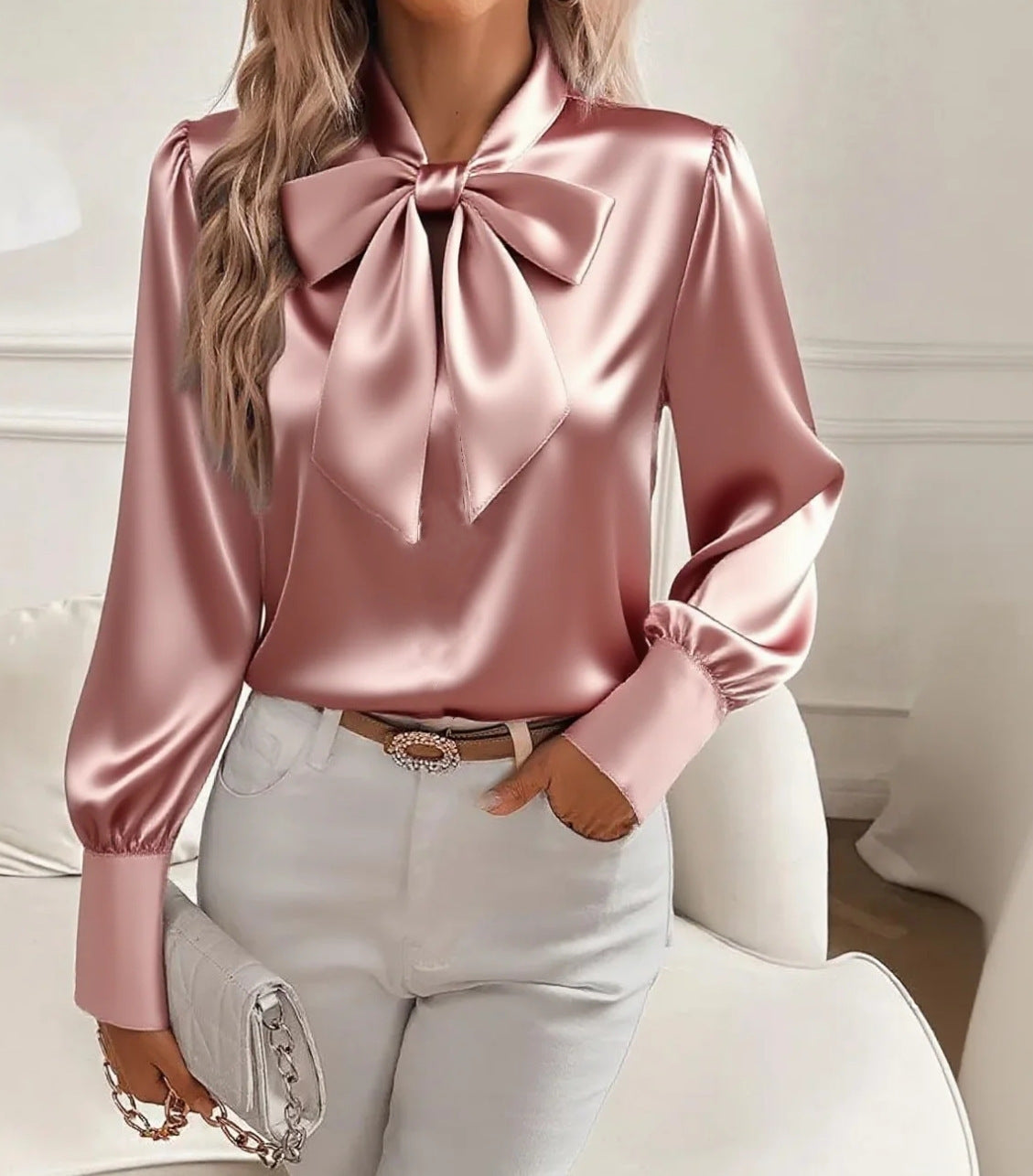 Bow-tie Blouse Fashion Commuting Lace-up Pullover Long-sleeved Top Women's Clothing