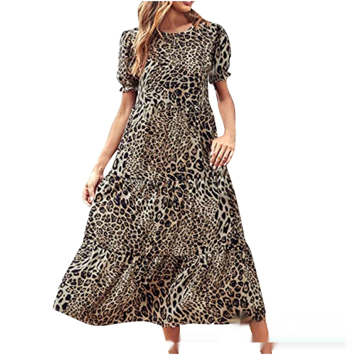 Printed Solid Color Round Neck Short Sleeves Casual Pleated Swing Dress Women