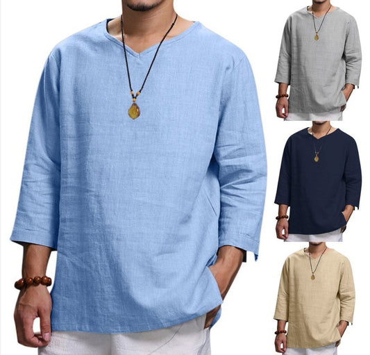 Loose Casual V-neck Top Cotton And Linen Long Sleeve Pullover Shirt Mens Clothing by http://Lolyshop.shop